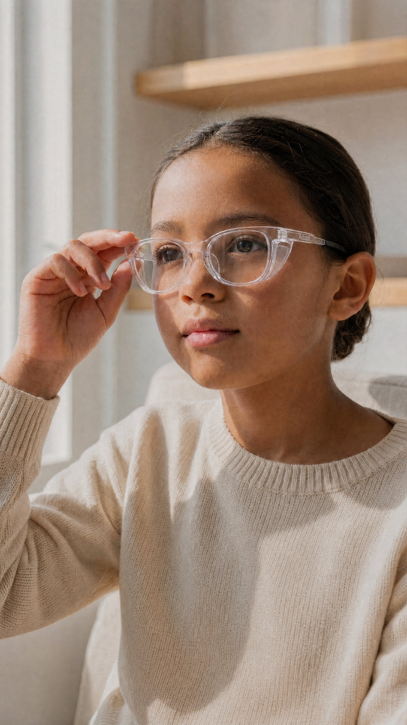 Woman adjusting Adapt Dew clear glasses indoors, homepage hero banner