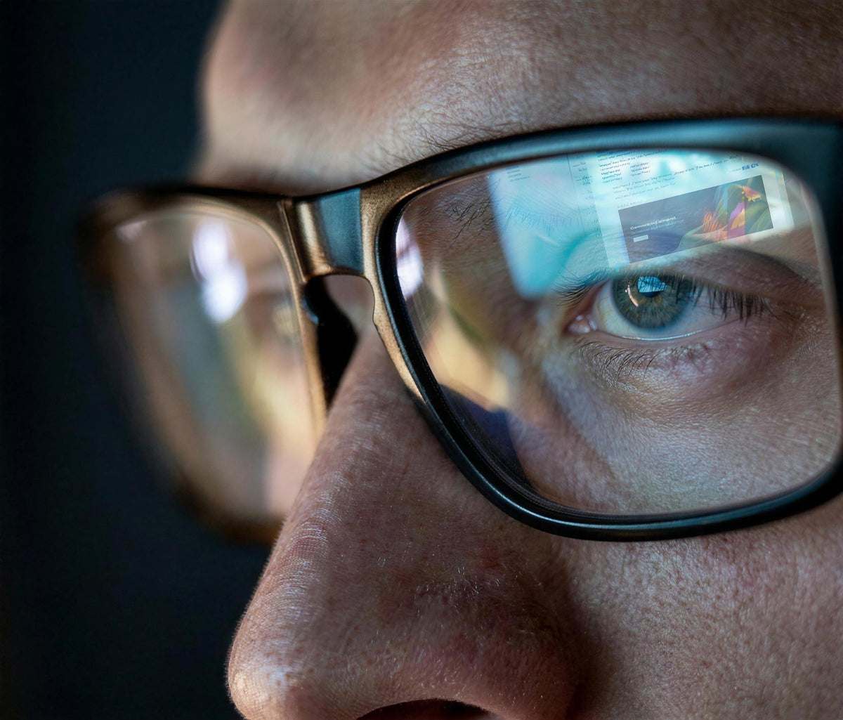 Close-up of an eye reflecting a screen through a glasses lens, illustrating screen fatigue and dry eye strain